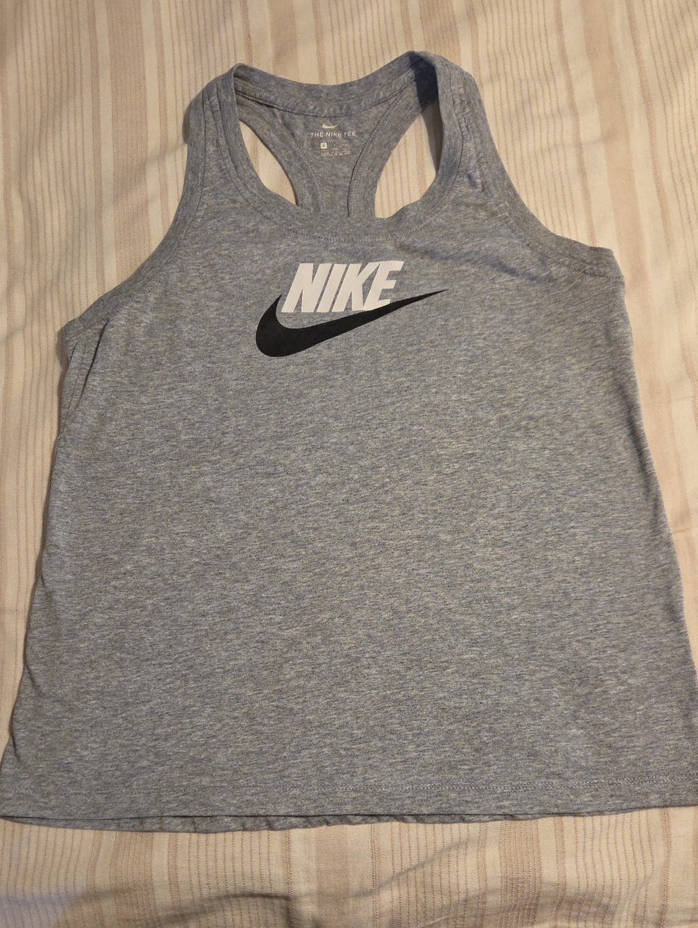 Nike Heather Gray Racerback Tank with Black Swoosh and White Logo